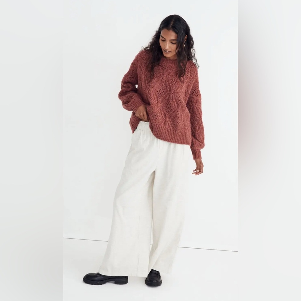 Madewell NWT Cayden Pointelle Balloon-Sleeve Pullover Sweater M Heather Tulip